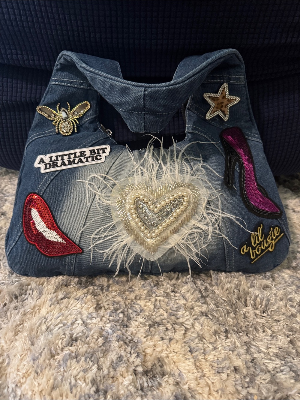 Denim Patchwork Heart Tote Bag - Blue